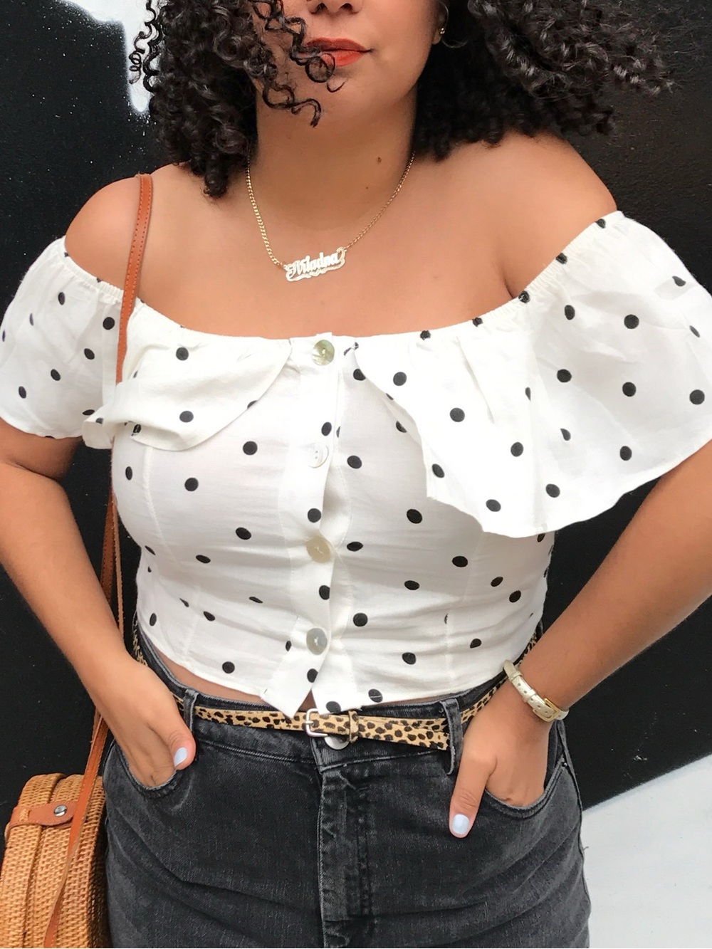 Pull&Bear White Polka Dot Off-Shoulder Crop Top